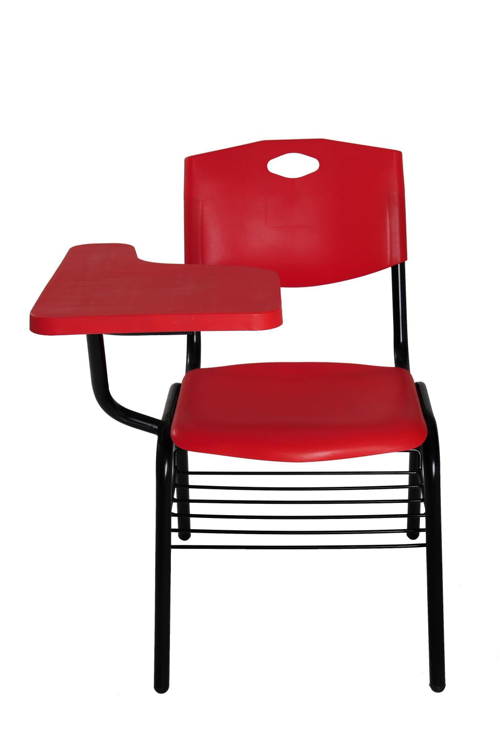 Silla escolar roja con paleta y estructura negra.
